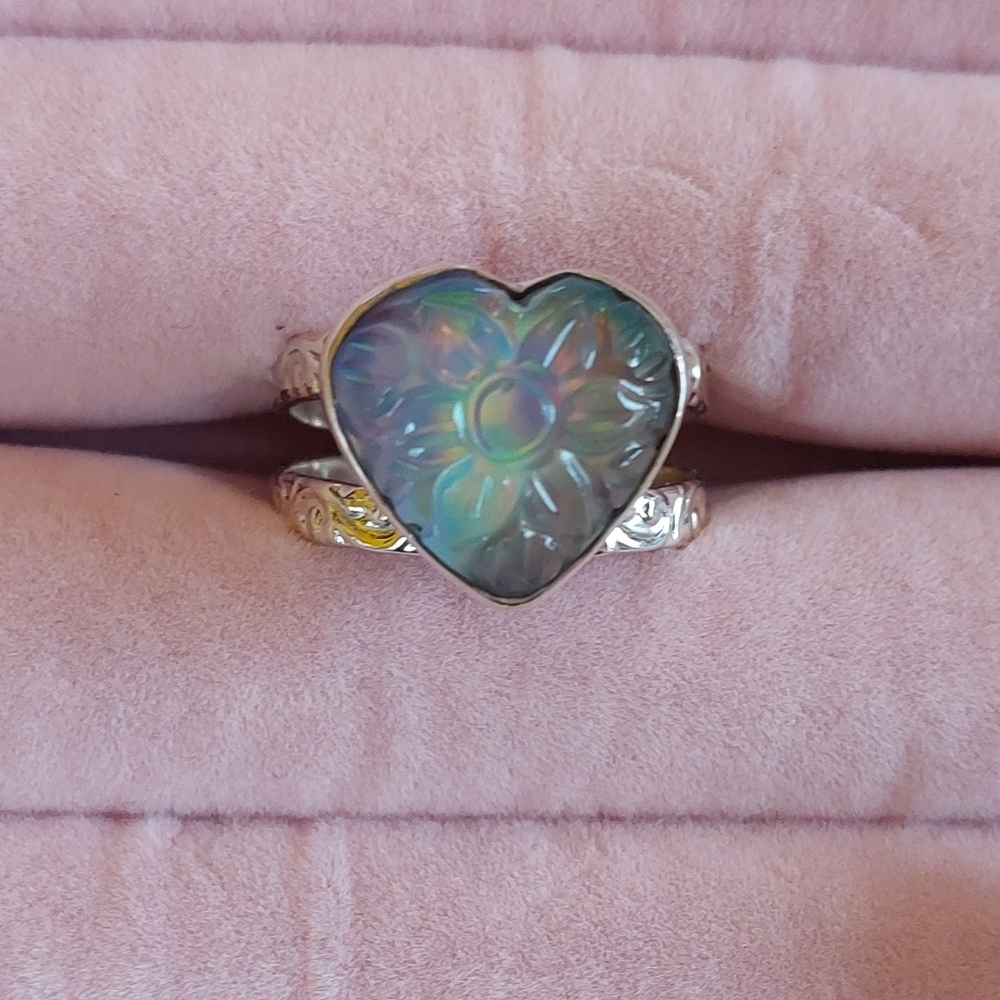 Aurora Opal Carved Heart Shaped Ring Sterling Silver - Picture 6 of 8